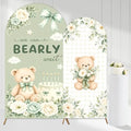 2PCS We Can Bearly Wait Arch Backdrop Covers Sage Green Bear Floral Arched Fabric Banner 7.2ft 6.6ft Bear Theme Cake Bow Arch Stand Cover for We Can Bearly Wait Baby Shower Decorations by ZestZing