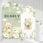 2PCS We Can Bearly Wait Arch Backdrop Covers Sage Green Bear Floral Arched Fabric Banner 7.2ft 6.6ft Bear Theme Cake Bow Arch Stand Cover for We Can Bearly Wait Baby Shower Decorations by ZestZing