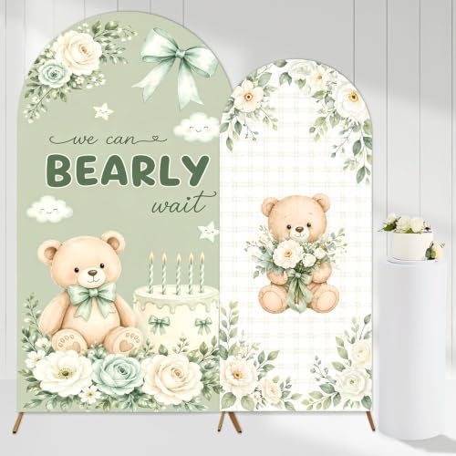 2PCS We Can Bearly Wait Arch Backdrop Covers Sage Green Bear Floral Arched Fabric Banner 7.2ft 6.6ft Bear Theme Cake Bow Arch Stand Cover for We Can Bearly Wait Baby Shower Decorations by ZestZing