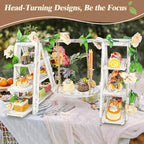 Wisreach Wooden 3 Tier Cupcake Stand with Swing and Flower Decoration Serving Removable Tray Display Serving Ladder Foldable Stand with Serving Platter Tray Party Food Display Set for Cake Snack Fruit Chips Bread Centerpieces Catering - Image 2
