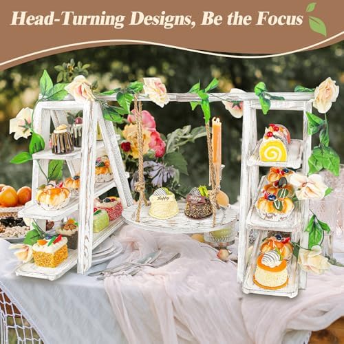 Wisreach Wooden 3 Tier Cupcake Stand with Swing and Flower Decoration Serving Removable Tray Display Serving Ladder Foldable Stand with Serving Platter Tray Party Food Display Set for Cake Snack Fruit Chips Bread Centerpieces Catering - Image 2