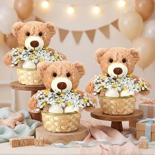 Amyhill 4 Sets Bear Baby Shower Centerpieces Baby Shower Table Decorations with Bears Wooden Crates Bamboo Baskets Artificial Flowers for Birthday Wedding Gender Reveal Party(Cute) - Image 3
