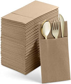 50-Pack Disposable Linen-Feel Dinner Napkins With Built-in Flatware Pocket, WOOD Prefolded Cloth Like Paper Napkins For Wedding, Dinner Or Party by SERVIETTO