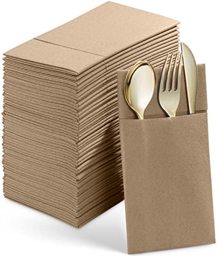 50-Pack Disposable Linen-Feel Dinner Napkins With Built-in Flatware Pocket, WOOD Prefolded Cloth Like Paper Napkins For Wedding, Dinner Or Party by SERVIETTO
