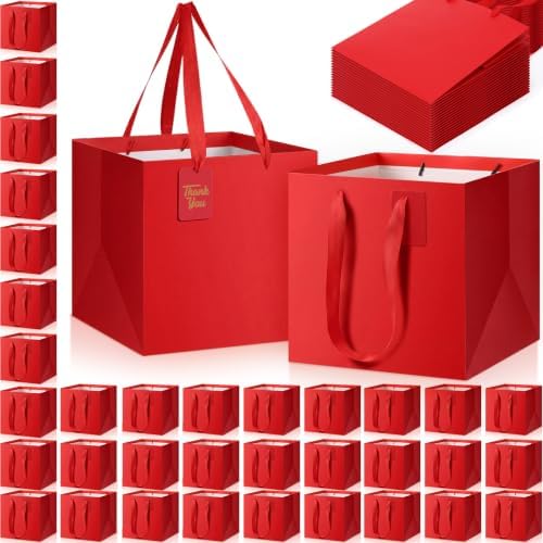Windyun 50 Pcs Square Paper Gift Bags with Handle 10 x 10 x 10'' Large Favor Bag with DIY Thank You Tag for Wedding Christmas Bridal Shower Bridesmaid Birthday Party (Red) by Windyun