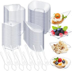 Tessco for you 400 Pcs Mini Appetizer Plates Set Including 200 Disposable Dessert Plates Assorted Shape 100 Mini Plastic Forks 100 Plastic Spoons for Party (Classic Style, Clear) by Tessco