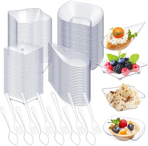 Tessco for you 400 Pcs Mini Appetizer Plates Set Including 200 Disposable Dessert Plates Assorted Shape 100 Mini Plastic Forks 100 Plastic Spoons for Party (Classic Style, Clear) by Tessco