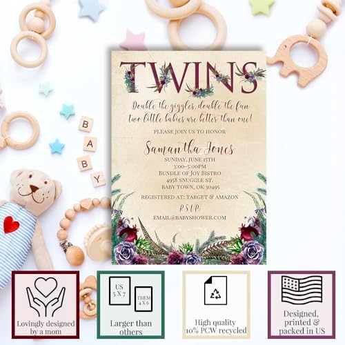 Amanda Creation Custom Baby Shower Invites Twin Boho Baby Shower Invitations 20 5x7 Custom Personalized Boho Succulents and Pine Theme Invites With Envelopes for Twins - Image 2