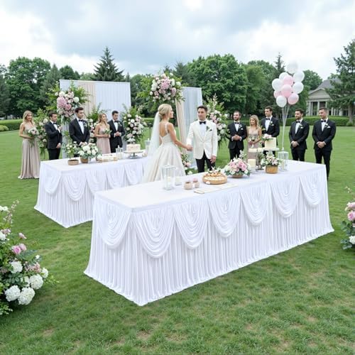 gogoparti White Tutu Table Skirts for Rectangle Tables 6ft Draped Pleated Table Skirt Polyester Tablecloth for Birthday Party Banquet Wedding Baby Shower - Image 2