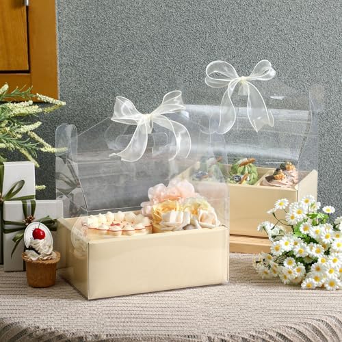 Honeydak 10 Pcs Cake Flower Clear Gift Boxes with Handle 4 in, Yellow, Bow by Honeydak