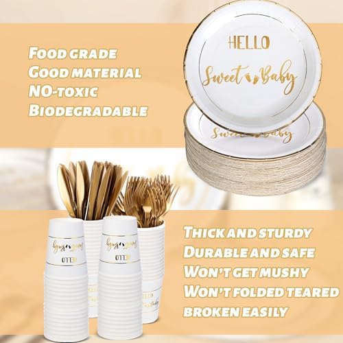 400 Pcs Baby Gender Reveal Plates and Cups and Napkins Sets with Forks Spoon Party Supplies Baby Shower Paper Tableware Gender Reveal Decorations Disposable Cutlery, Serves 50(Gold,Hello Sweet) - Image 4