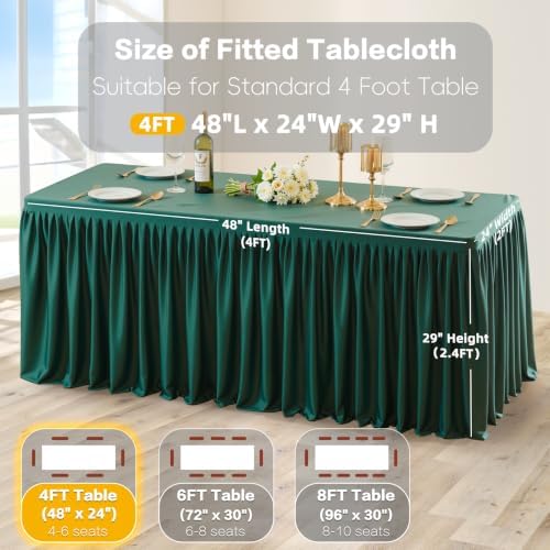 Wish Care Hunter Green Polyester Table Clothes for 4 Foot Rectangle Tables, Wrinkle Free Fitted Table Cover with Pleated Ruffle Table Skirt for Birthday Party Wedding Trade Show Event Display - Image 3