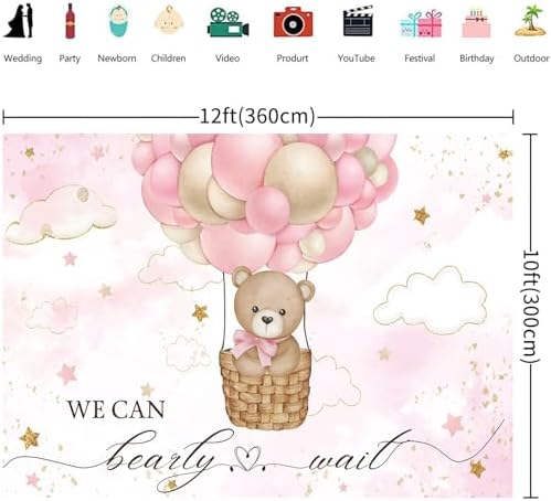 12x10FT Baby Shower Backdrop We Can Bearly Wait Pink Bear Hot Air Balloon Photography Background Newborn Baby Shower Party Decorations Banner Photo Booth Props - Image 2