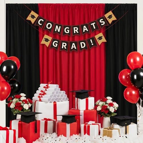 Party Backdrop Curtain 10ftx10ft - Red Black Wrinkle Free Satin Drapes - Image 2