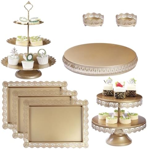 8Pcs Metal Cake Stand Set with 14 inch Round Cake Stand for Large Cakes, 2-Tier & 3-Tier Dessert Stands, Lace Edge Serving Trays – Display for Wedding, Birthday, Party(Champagne Gold) by CakeStand