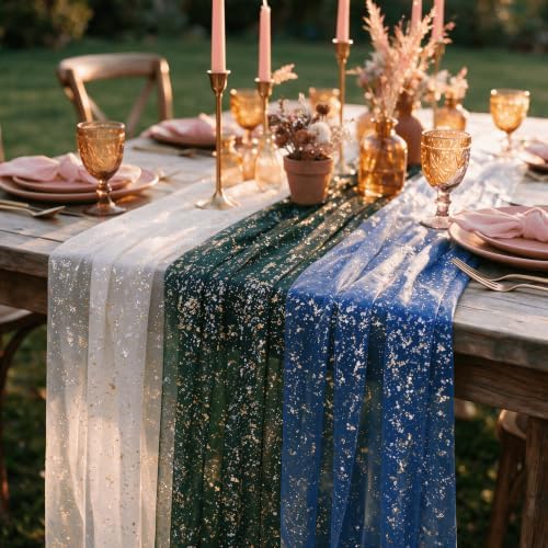 Artoid Mode 6PC Beige Green Blue Gauze Table Runner 120 Inch 10FT, Glitter Metallic Foil Sheer for Wedding Anniversary Holiday Birthday Home Party Decor - Image 6