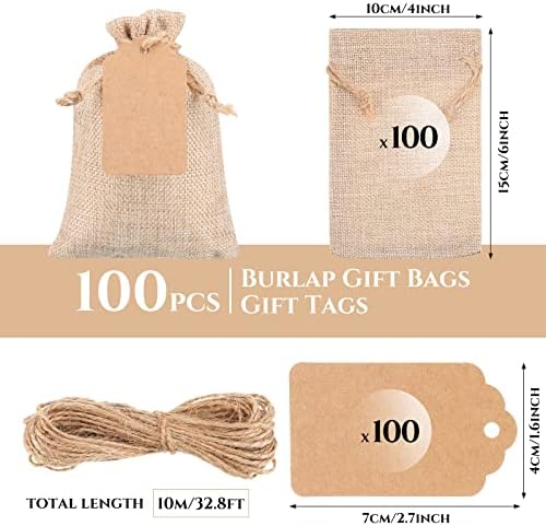 Woanger 100 Pcs Drawstring Burlap Gift Bags 4x6 Inch with Tags, Light Brown - Image 2
