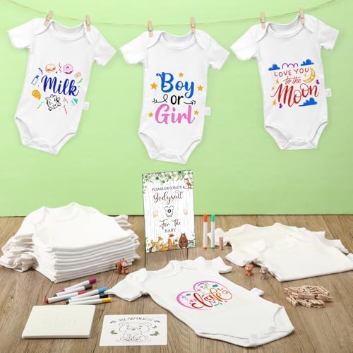 Panitay 126 Pcs Baby Shower DIY Bodysuit Set Bib 25 Blank White Newborn Bodysuit 25 Stencils 24 Marker 1 Sign 50 Pins(Woodland Animals) - Image 5