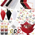 Qilery 334 Pcs Flower Wrapping Paper Set,153 Waterproof Floral Bouquet Wrapping Paper,72 3D Gold Butterfly Decoration,100 Pins, 6 Crowns and 3 Ribbons for DIY Craft(Red, Black, White) by Qilery