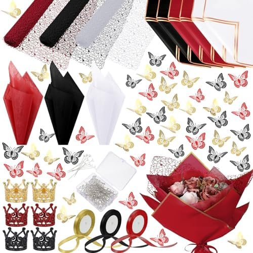 Qilery 334 Pcs Flower Wrapping Paper Set,153 Waterproof Floral Bouquet Wrapping Paper,72 3D Gold Butterfly Decoration,100 Pins, 6 Crowns and 3 Ribbons for DIY Craft(Red, Black, White) by Qilery