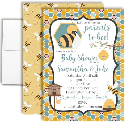 Custom Baby Shower Invites Bumble Bee Gender Neutral Invitation, 20 Pack of 5x7 Personalized Bumble Bee Invites with Envelopes - Unique Honeycomb Baby Shower Cards by AmandaCreation by AmandaCreation