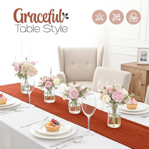 12 Pack Terracotta Cheesecloth Table Runners 10FT Long – 35 x 120 Inch Boho Gauze Table Runners for Engagement, Wedding, Baby Shower & Home Decor – Soft Wrinkled Polyester Fabric - Image 4