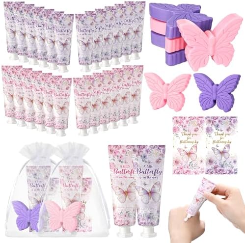 Loopeer 24 Sets Butterfly Baby Shower Favors for Guests Butterfly Soap Gifts Purple Party Favors with Thank You Cards Organza Bag for Gender Reveal Baptism Decorations Wedding Bridal Return Gift by Loopeer