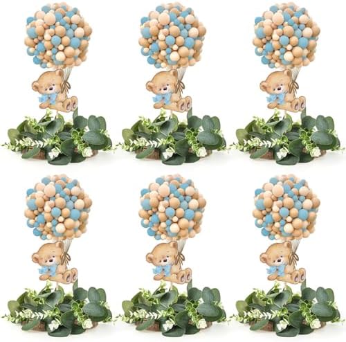 6 Set Baby Shower Bear Table Centerpieces Decortion Blue Bear with Eucalyptus Wreath Wood Slices Welcome Baby Table Toppers for Gender Reveal It's A Boy Party Favors by EYNDYN