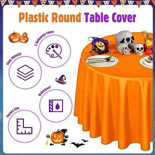Buryeah 12 Pcs Black and Orange Round Plastic Tablecloths 84 Inch - Image 3