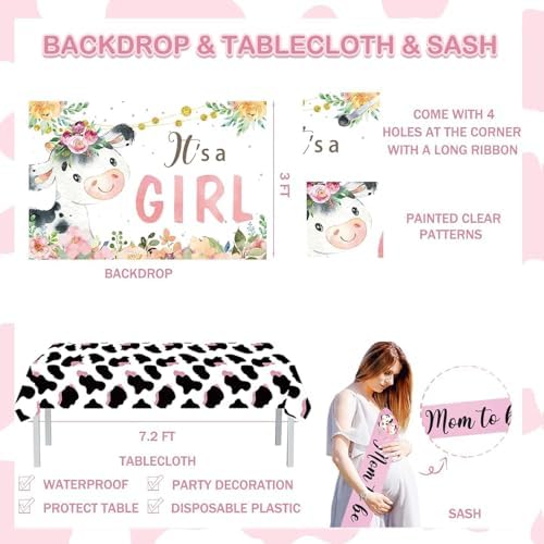Cow Baby Shower Decorations for Girl, Fiesec Pink Farm Cow Themed Baby Shower Decorations Backdrop Balloon Garland Welcome Baby Banner Tablecloth Cake Topper Box Cutout Mom To Be Sash - Image 4