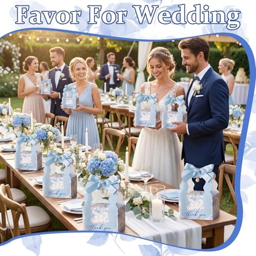 ForraFun 100 Sets Floral Wedding Favor Boxes with Pearl Pendant Bow, Blue - Image 5