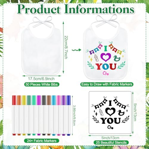 Panitay 100 Pcs DIY Baby Bibs Decorating Kit 50 White Bibs 25 Stencils 24 Markers 1 Baby Shower Game Sign - Image 2