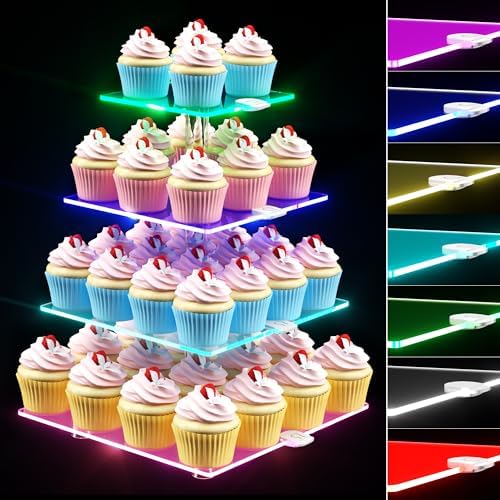 4 Tier Cupcake Stand with Rechargeable Light, LED Acrylic Cupcake Tower by weddingwish
