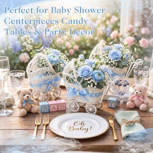 4 Pack Rattan Baby Carriage Baby Shower Table Centerpiece,Blue - Image 5