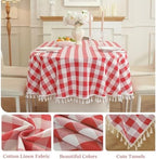 Laolitou Spring Checkered Oval Tablecloth Washable Heavy Duty Buffalo Plaid Table Cloth with Tassel Cotton Linen Gingham Table Cover for Picnic Birthday Tea Party, Red, 60 x 102 Inch - Image 3
