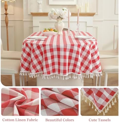 Laolitou Spring Checkered Oval Tablecloth Washable Heavy Duty Buffalo Plaid Table Cloth with Tassel Cotton Linen Gingham Table Cover for Picnic Birthday Tea Party, Red, 60 x 84 Inch - Image 3