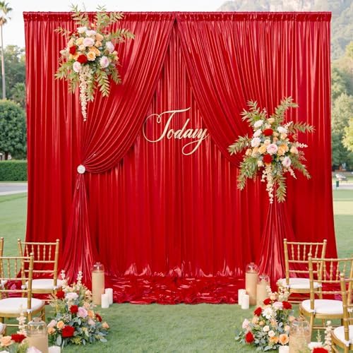 10x10ft Shimmer Red Sequin Backdrop Curtain for Parties, Thick Wrinkle Free Glitter Backdrop Drapes Photo Back Drop Curtains for Birthday Wedding Party Photography Background-2 Panels 5x10ft by LeegleriTableSkirt
