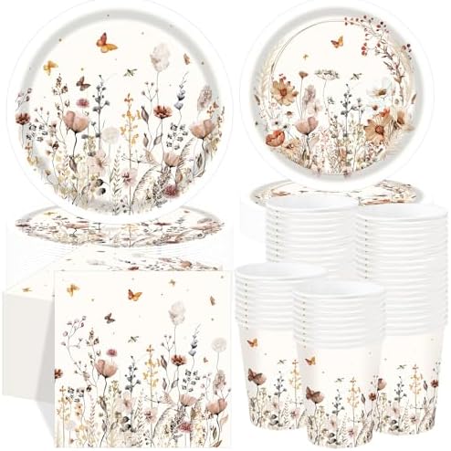 Wildflower Party Decorations, Paper Plates Napkins Cups Serve 50, Boho Fall by Ziliny