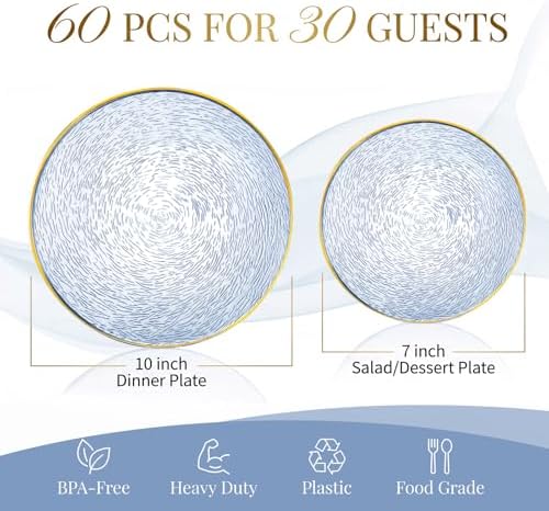 Liacere 60Pcs Blue Plastic Plates - Blue Disposable Plates With Gold Rim, Heavy-duty Gold Plates,Water ripples Party Plates Include 30 Dessert-Platos,30 Dinner-Platos for Party ＆ Wedding & Summer - Image 3