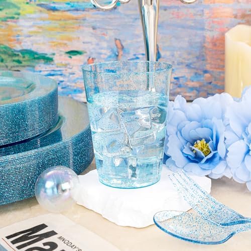 Rubtlamp 180Pcs Blue Glitter Dinnerware Set(30 Guests), Blue Plastic Plate With Gitter Disposable Silverware, Gitter Plate Set Include 30Dinner Platos, 30Dessert Platos, 90Cutlerys, 30Cups for Party - Image 5