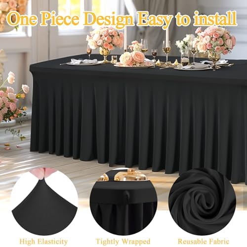 Shillance 8 Packs Black Spandex Table Covers 8 Foot, Fitted Stretch Table Cloth with Skirts 96x30 Inch, Wrinkle-Free Floor Length Rectangle Tablecloths for Weddings Parties Banquets Events - Image 2