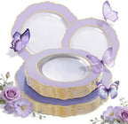WDF 60pcs Clear Purple Plates Disposable with Gold Rim - Baroque Lavender Purple Plastic Plates for Party/Wedding/Bridal Shower by WDF