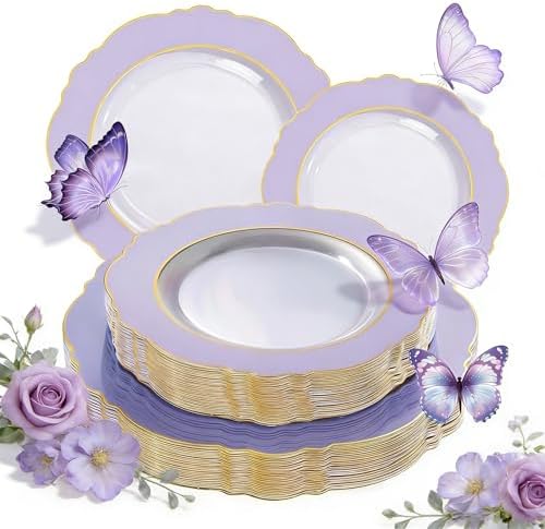 WDF 60pcs Clear Purple Plates Disposable with Gold Rim - Baroque Lavender Purple Plastic Plates for Party/Wedding/Bridal Shower by WDF