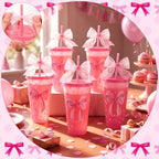 Willinglong 12 Pink Bow Cups with Lid Straw Galentines Party Favor 24 oz - Image 4