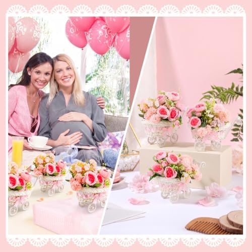 3 Pack Pink Rattan Baby Carriage Centerpieces Baby Shower with Bouquet - Image 7