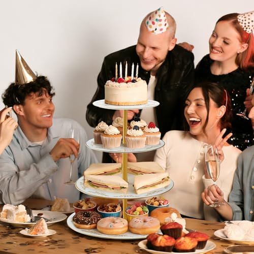 DUJUST 4-Tier Cupcake Stand Tower, British Style Porcelain Tiered Tray with Golden Trim & Pattern, Food Grade Dessert Display Stand, Beautiful Gift for Tea Party & Home Décor - White - Image 6