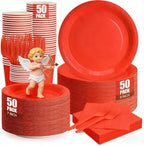 250Pcs Red Paper Plates and Napkins Party Supplies Include 9’’Disposable Red Party Plate, 7’’Dessert Plates Cups Napkins Forks Sets for Birthdays, Weddings, Graduations, Valentines, Serves 50 by CENLBJ