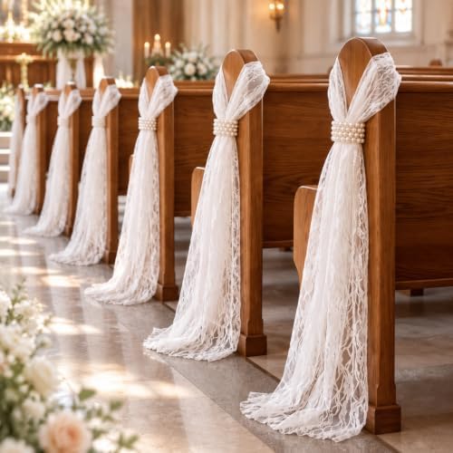 Threlaco 12 Set Lace Pew Bows with Pearl Clasp for Wedding Church Decor by Threlaco