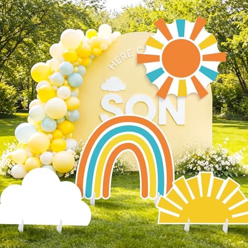 4 Pcs Here Comes the Son Baby Shower Decoration, Large Sun Cloud Rainbow Cardboard Cutouts Props, Retro Sunshine Themed Standups for Photo Booth & Boy First Birthday Decor - Image 5
