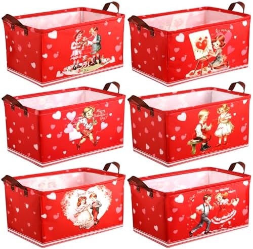CHENGU 6 Pack Valentine's Day Storage Basket Vintage Valentine's Day Basket for Gift Collapsible Red Heart Holiday Decor Retro Large Bin Foldable Waterproof Box with Handle for Bedroom Laundry Nursery by CHENGU